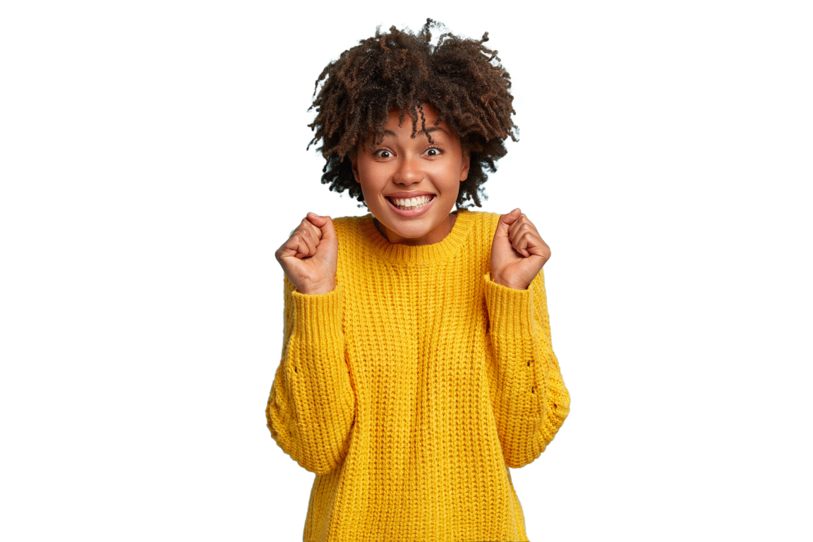 Excited woman in yellow knitted jumper