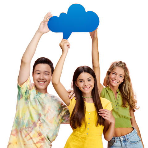 happy people holding up cloud sign